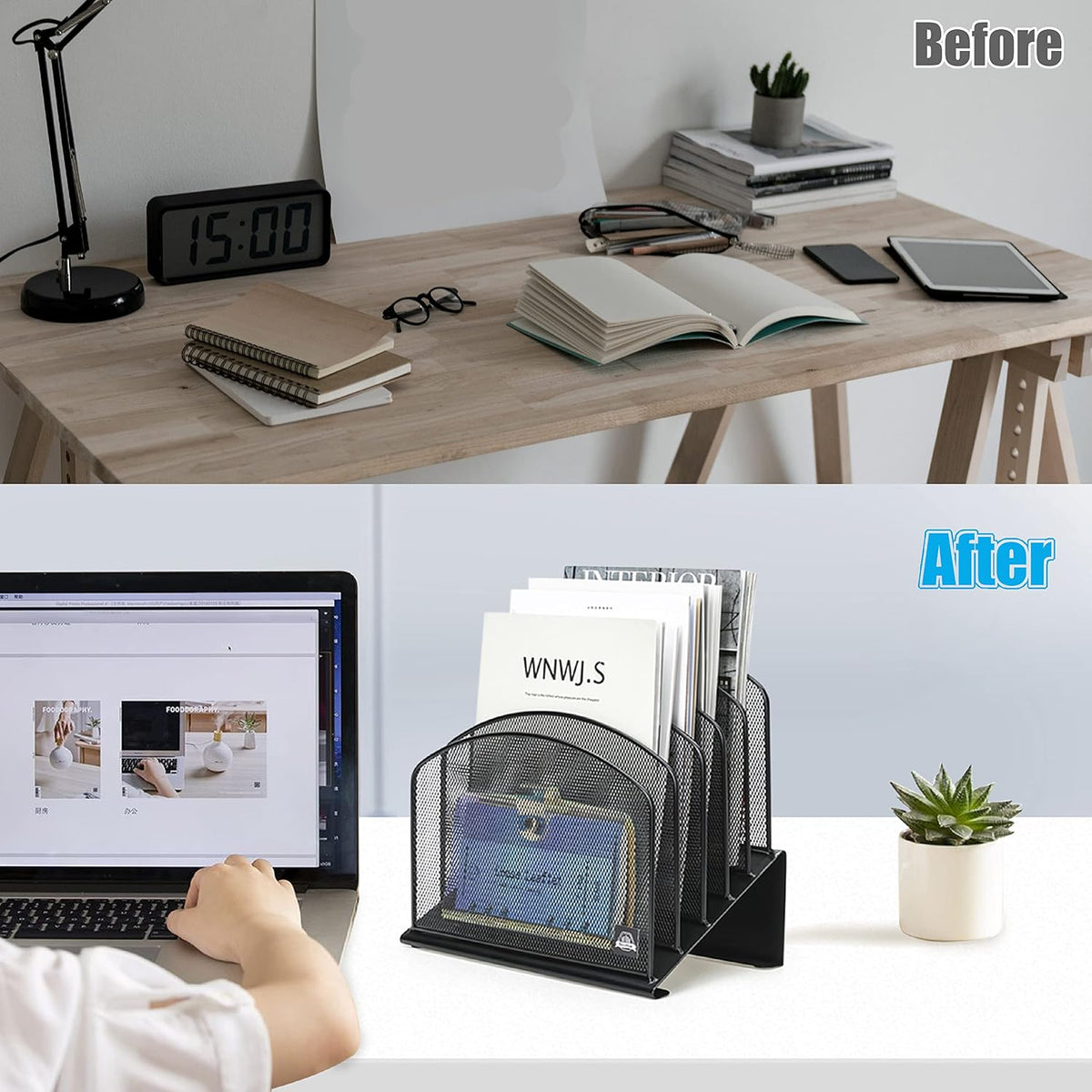 Delifox Inclined Desk File Organizer, 5-Section Vertical File Holder,Black