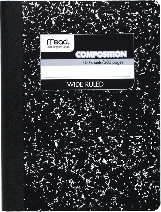 Mead Composition Notebook, Wide Ruled Paper, 7.5" x 9.75", 100 Sheets, Black Marble (09910)