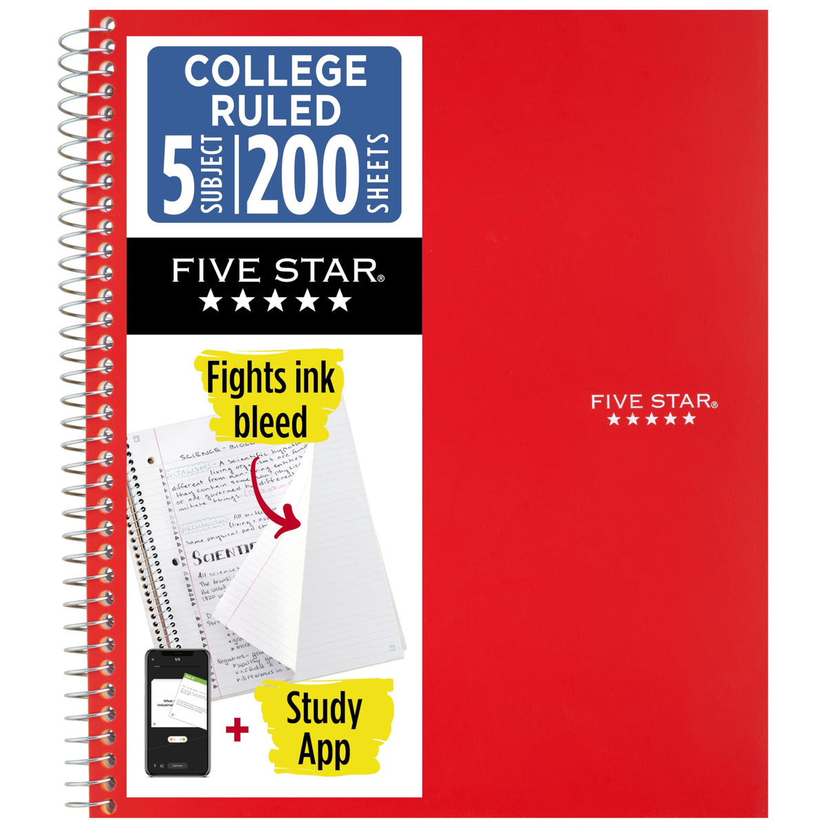 Five Star Spiral Notebook + Study App, 5 Subject, College Ruled Paper, 8-1/2" x 11", 200 Sheets, Fights Ink Bleed, Water Resistant Cover, Black (72081)