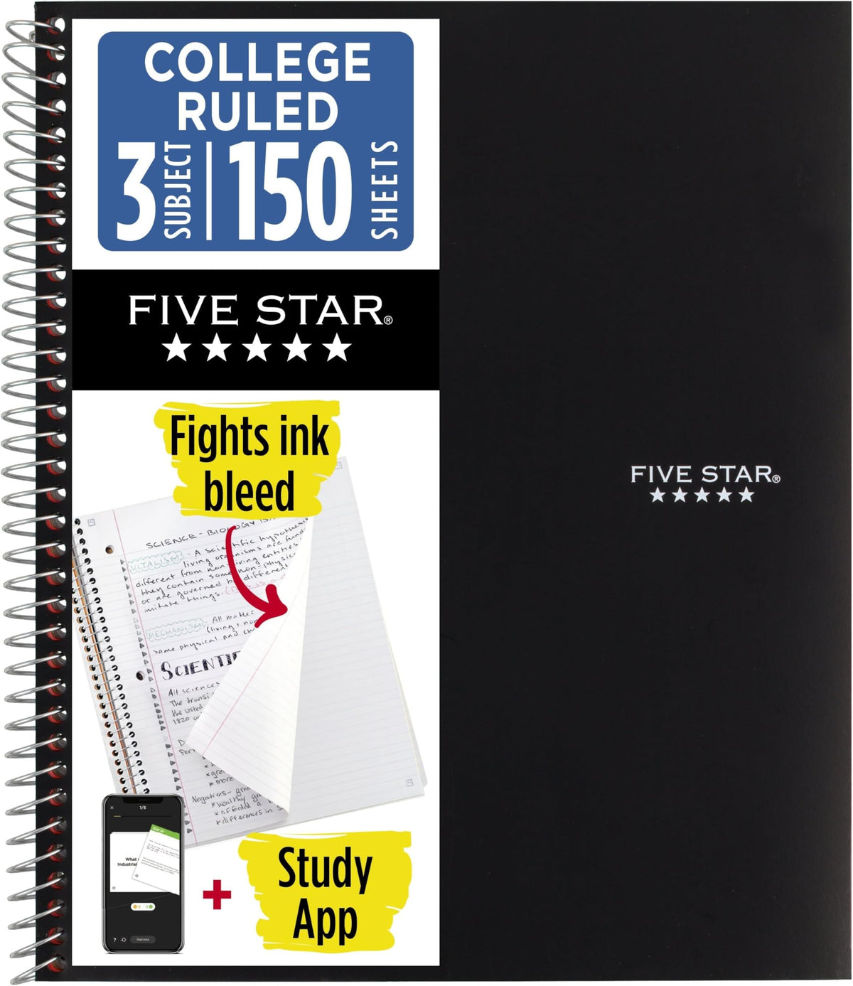 Five Star Spiral Notebook + Study App, 3 Subject, College Ruled Paper, 8.5" x 11", 150 Sheets, Blue (Color May Vary) (820003NH0)