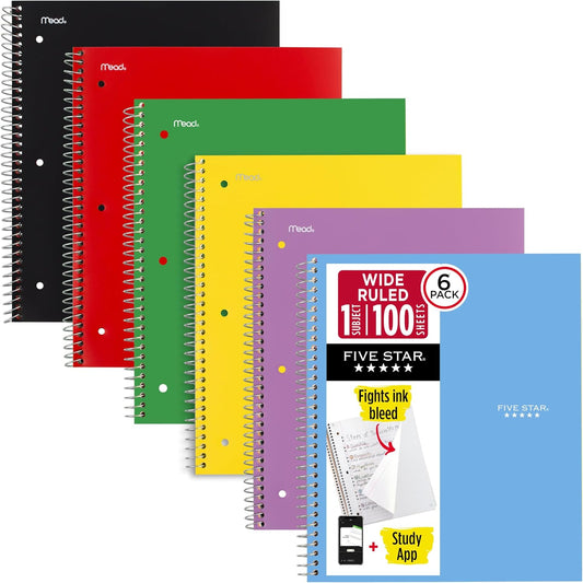 Five Star Spiral Notebook + Study App, 6 Pack, 1 Subject, Wide Ruled 8" x 10.5" Paper, 100 Sheets, Fights Ink Bleed, Water Resistant Cover, Assorted Colors (38042)