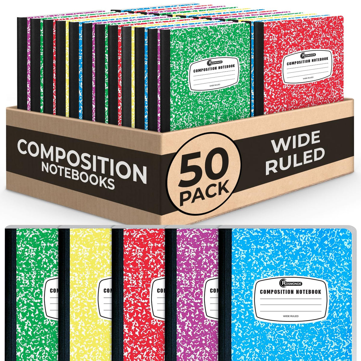 Rosmonde 12 Pack Bulk Composition Notebook Wide Ruled, Assorted Colors