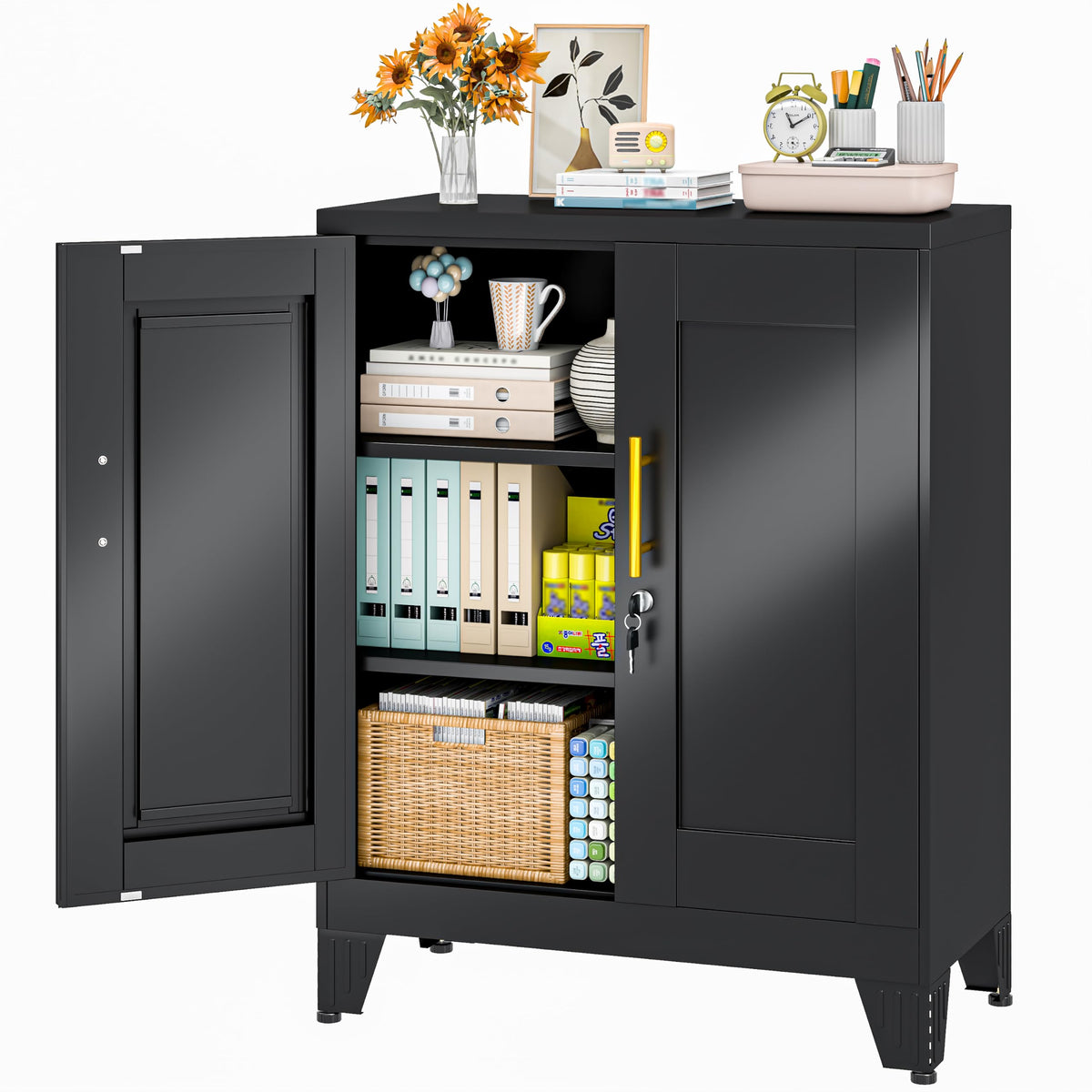 2 Drawer Metal File Cabinet with Lock,Lateral Filing Storage Cabinets,Steel Wide File Organization for Legal/Letter/A4/F4 Size with Hanging Files&Key,Lockable Printer Stand for Home Office, Black