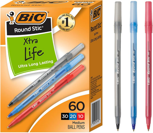 BIC Round Stic Xtra Life Assorted Ink Ballpoint Pens, 60-Count, 1.0mm