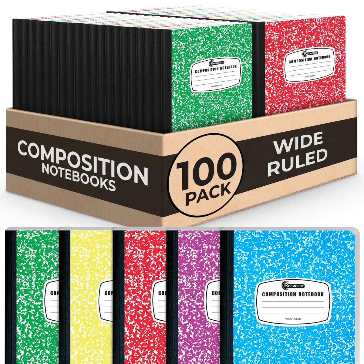 Rosmonde 12 Pack Bulk Composition Notebook Wide Ruled, Assorted Colors