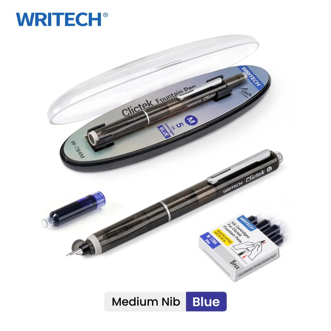 WRITECH Fountain Pen Black Ink with Retractable Fine Nib - Set of 5 Ink Cartridges for Smooth Calligraphy, Journaling and Sketching - Pink Gift