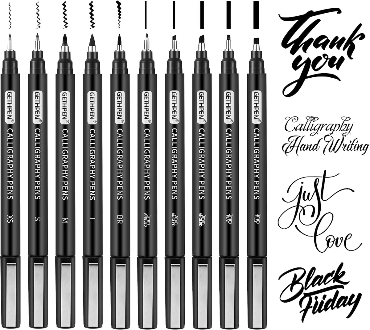 GETHPEN Calligraphy Brush Pen Set,10 Sizes Black Archival Ink Markers