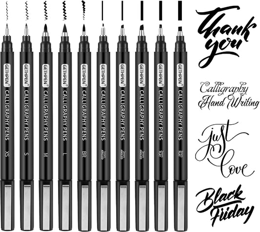 GETHPEN Calligraphy Brush Pen Set,10 Sizes Black Archival Ink Markers