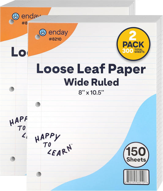Loose Leaf Paper Notebook Paper, 8" x 10.5" Filler Paper White, 3 Hole Punched Binder Paper for 3 Ring Binders, Lined Paper 150 Sheets Per Pack - By Enday