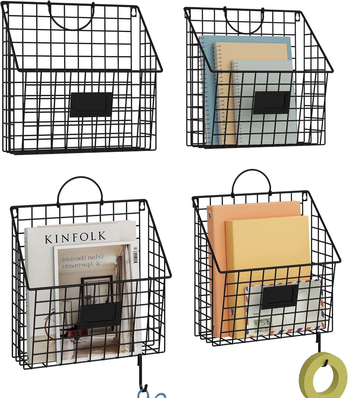 4 Packs Hanging Wall File Organizer with Hooks, Magazine Rack ,Mail Basket