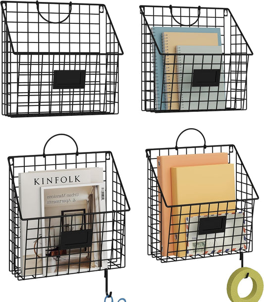 4 Packs Hanging Wall File Organizer with Hooks, Magazine Rack ,Mail Basket
