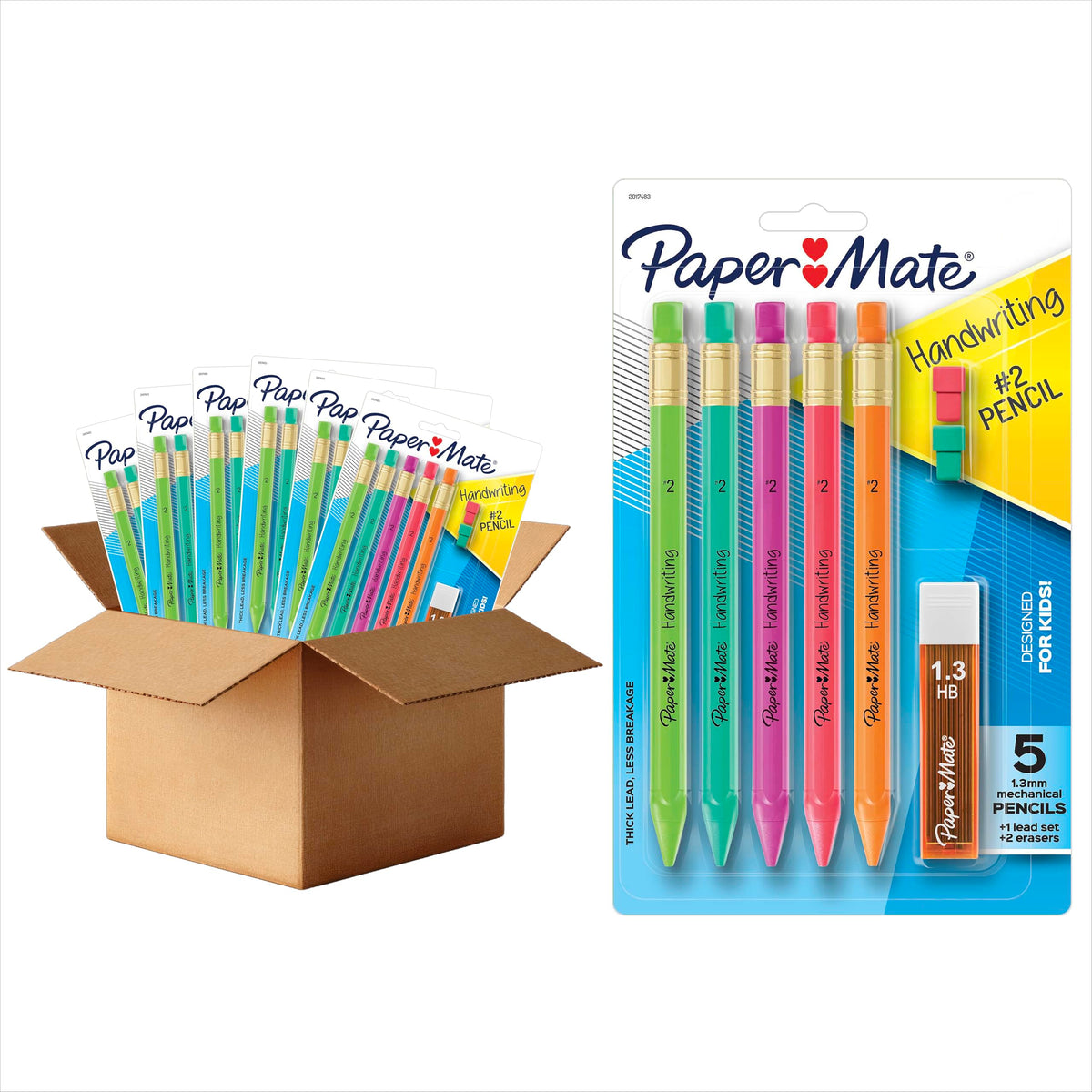Paper Mate Handwriting Triangular Mechanical Pencils with Lead & Eraser Refills, 1.3mm, Fun Barrel Colors, 5 Count - School Supplies, Kids Writing