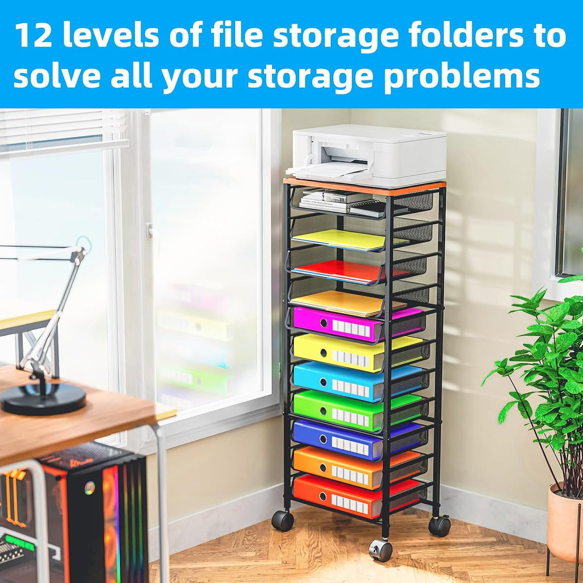 Simple Trending 12-Tier Rolling File Cart, Desk File Organizer with 11 Mesh Sliding Trays, Letter & Legal Paper Storage Rolling Utility Cart for Office Home School, Black