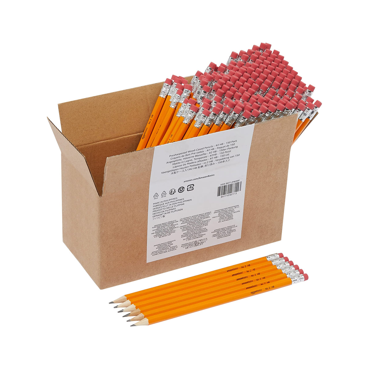 Amazon Basics Wood-Cased #2 Pencils for Writing, Drawing and Sketching, Pre-sharpened, HB Soft Lead with Erasers, Teacher Supplies, 150 Count, Yellow
