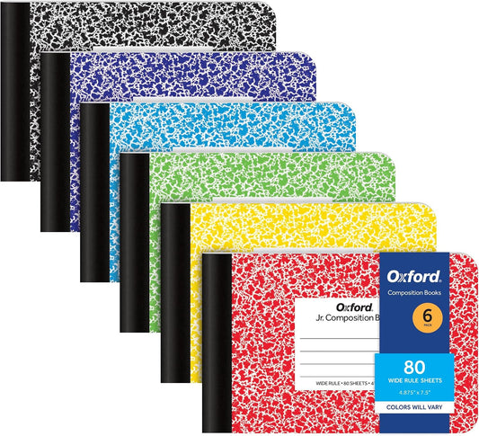 Oxford Composition Mini Notebooks, 6 Pack, Cover Colors Vary, Wide Ruled Paper, 4-7/8 x 7-1/2 Inch School Journals, Assorted Color Covers, 80 Sheets per Book (63779)