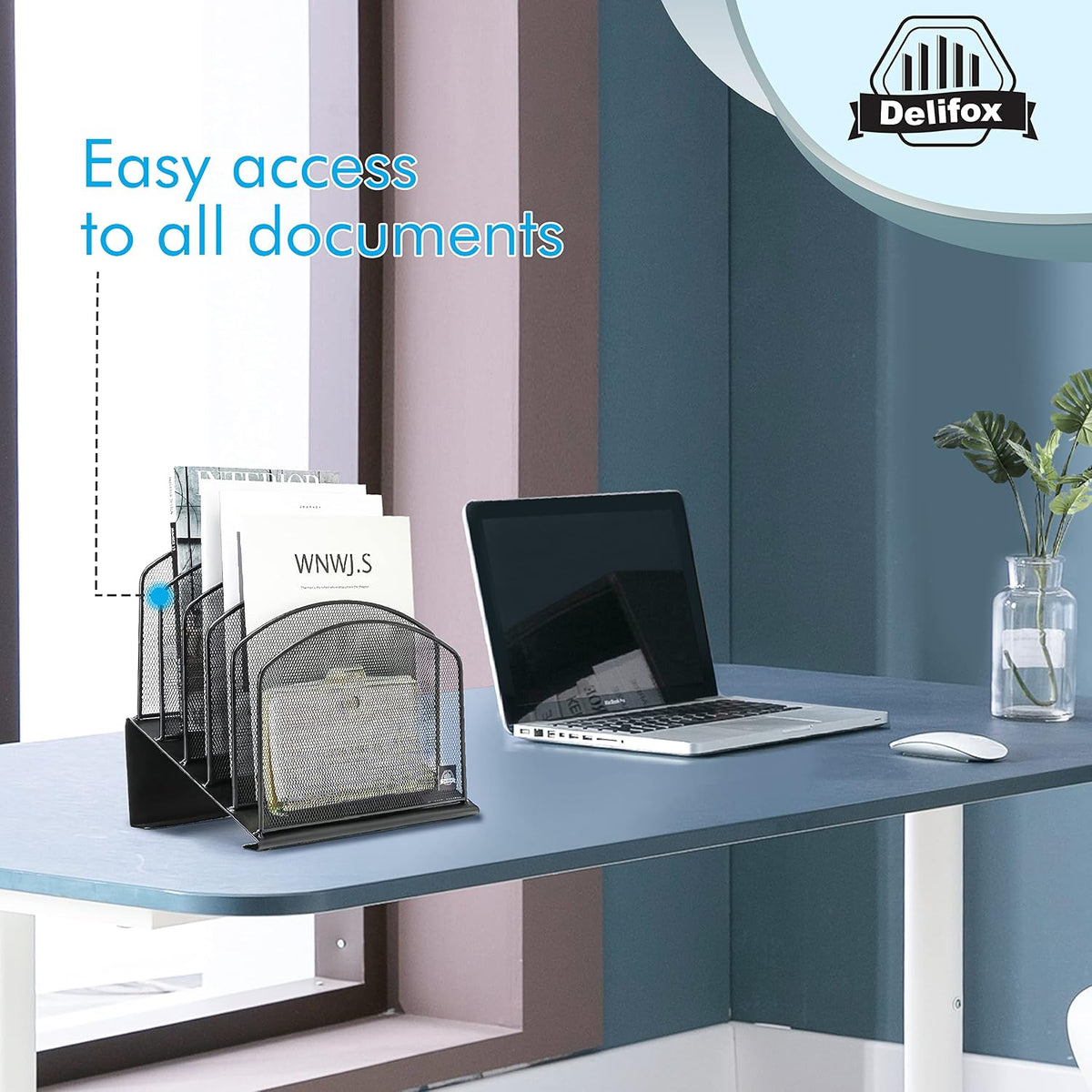 Delifox Inclined Desk File Organizer, 5-Section Vertical File Holder,Black