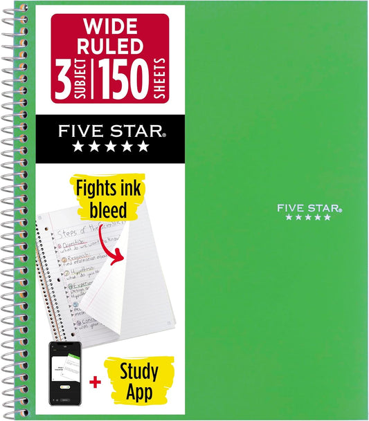 Five Star Spiral Notebook + Study App, 3 Subject, Wide Ruled Paper, 8" x 10-1/2", 150 Sheets, Fights Ink Bleed, Water Resistant Cover, Forest Green (73176)