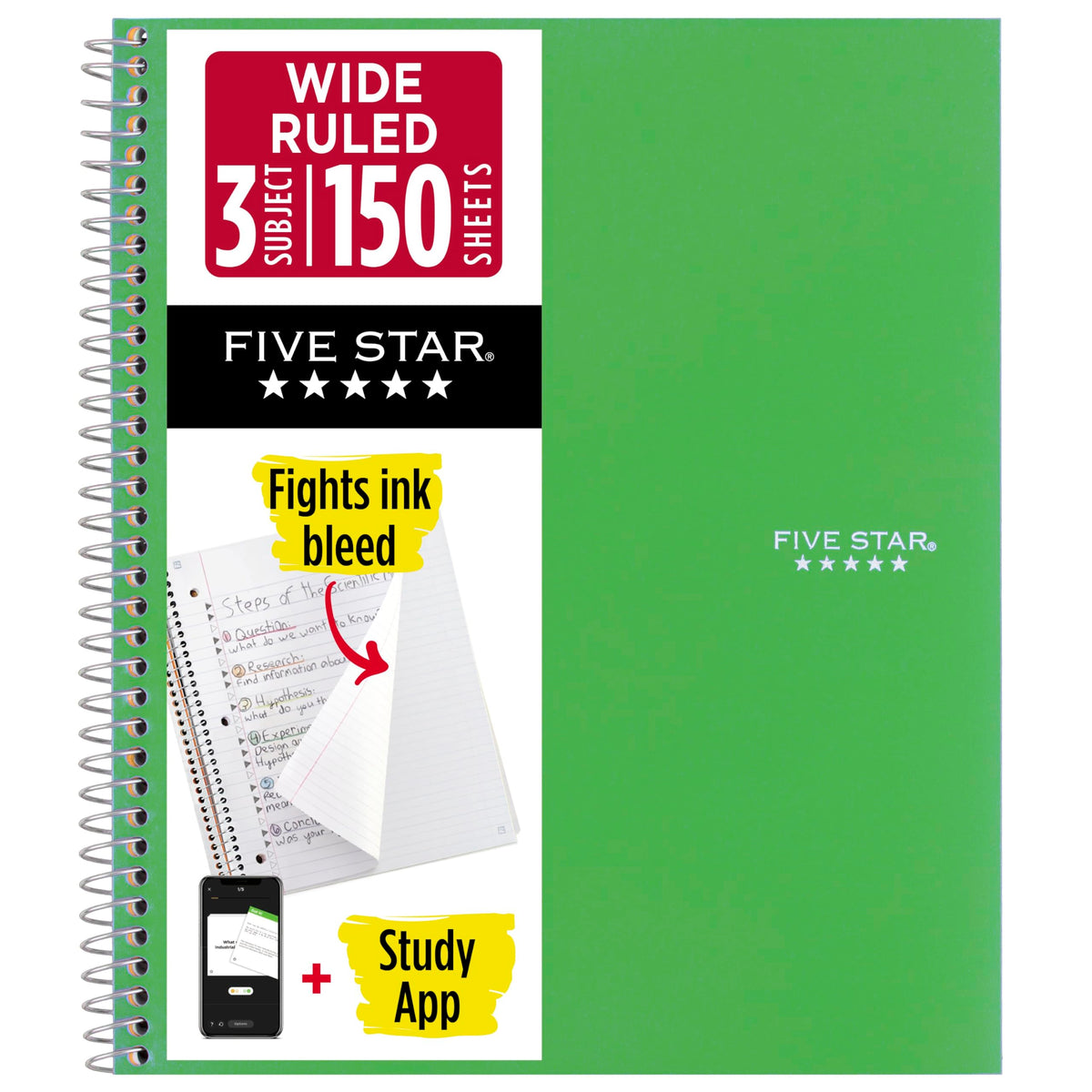 Five Star Spiral Notebook + Study App, 3 Subject, Wide Ruled Paper, 8" x 10-1/2", 150 Sheets, Fights Ink Bleed, Water Resistant Cover, Forest Green (73176)