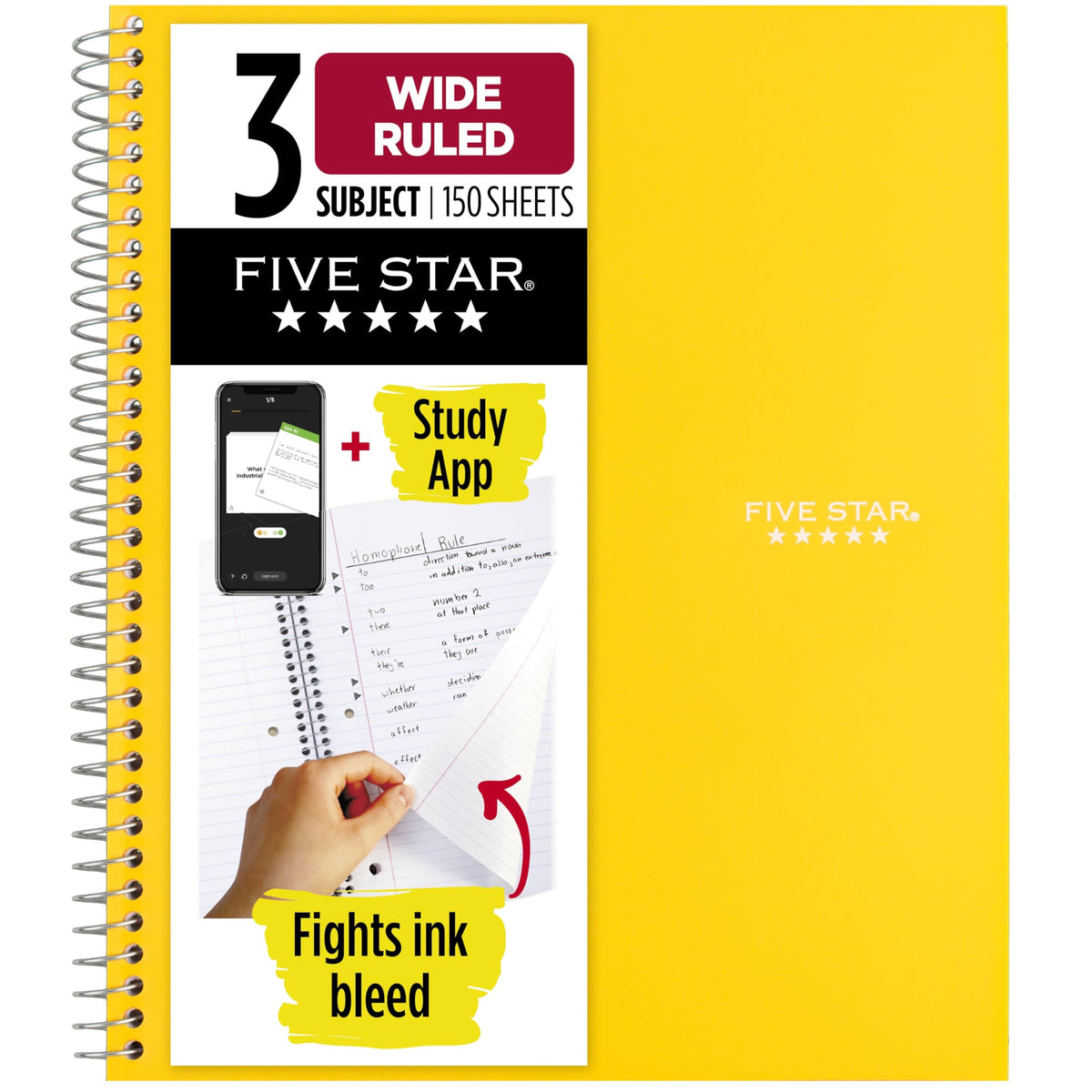 Five Star Spiral Notebook + Study App, 3 Subject, Wide Ruled Paper, 8" x 10-1/2", 150 Sheets, Fights Ink Bleed, Water Resistant Cover, Forest Green (73176)