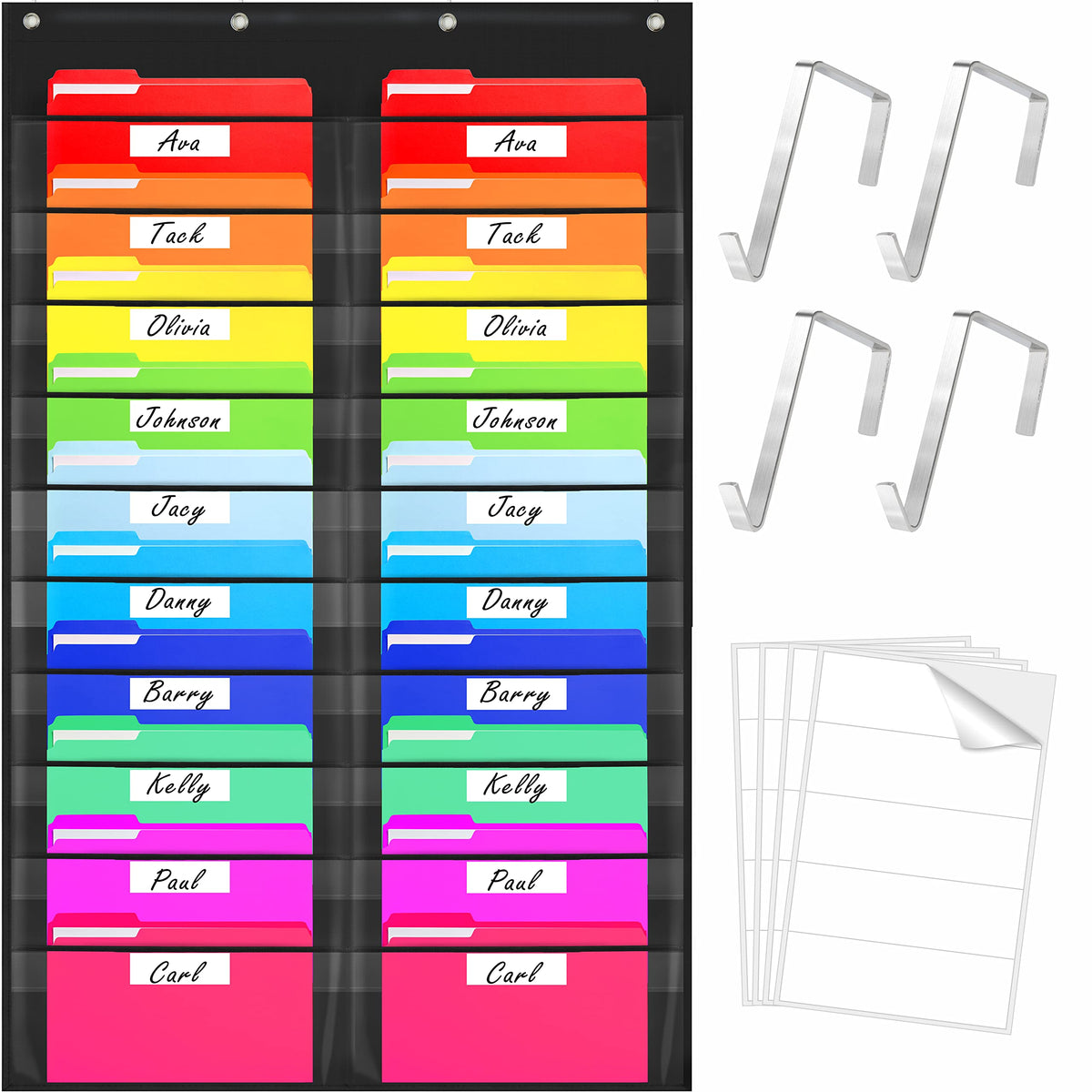Vantasii Organization Center Pocket Chart, Wall File Organizer Folder with 30 File Pockets, 30 Dry-Erase Cards Plus 5 Over The Door Hooks and 8 Wall Hooks, 47 X 42 inch
