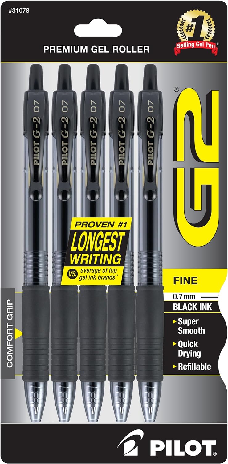 PILOT G2 Premium Gel Pens, Fine Point 0.7mm, Black Ink, 5-Pack