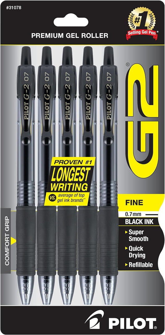 PILOT G2 Premium Gel Pens, Fine Point 0.7mm, Black Ink, 5-Pack