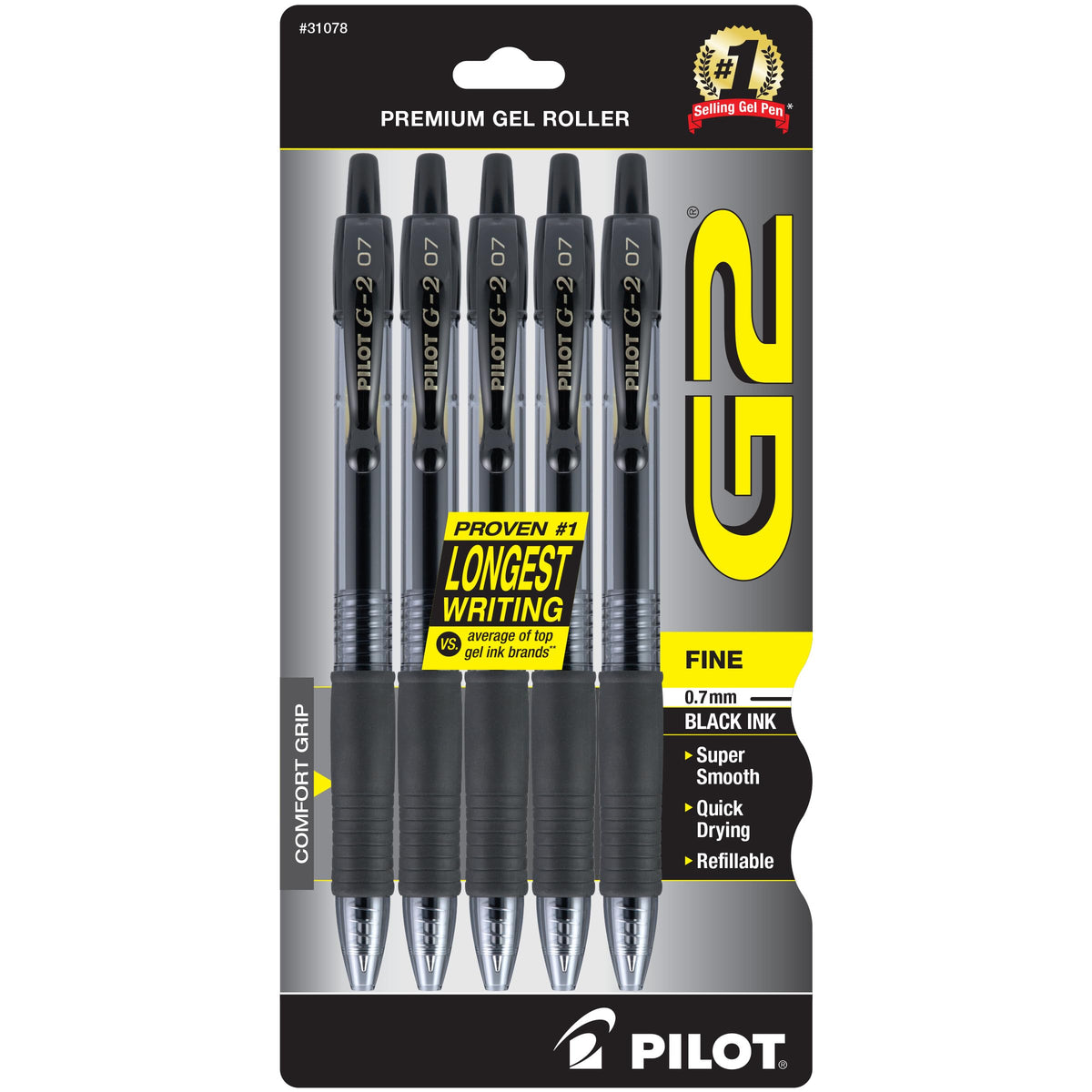 PILOT G2 Premium Gel Pens, Fine Point 0.7mm, Black Ink, 5-Pack