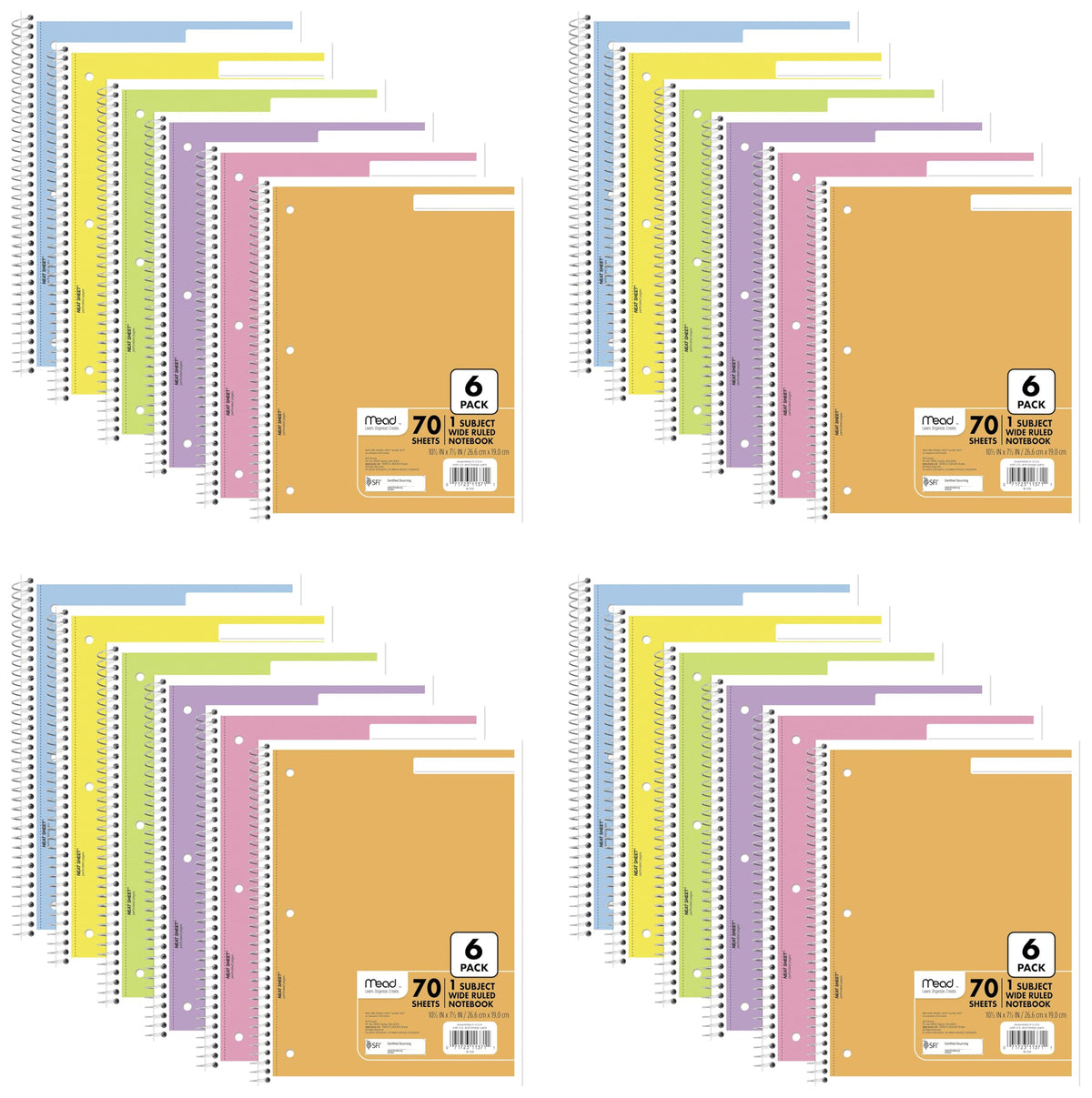 Mead Spiral Notebook, 6 Pack, 1 Subject, College Ruled Paper, 7-1/2" x 10-1/2", 70 Sheets per Notebook, Assorted Bright Colors (830050-ECM)