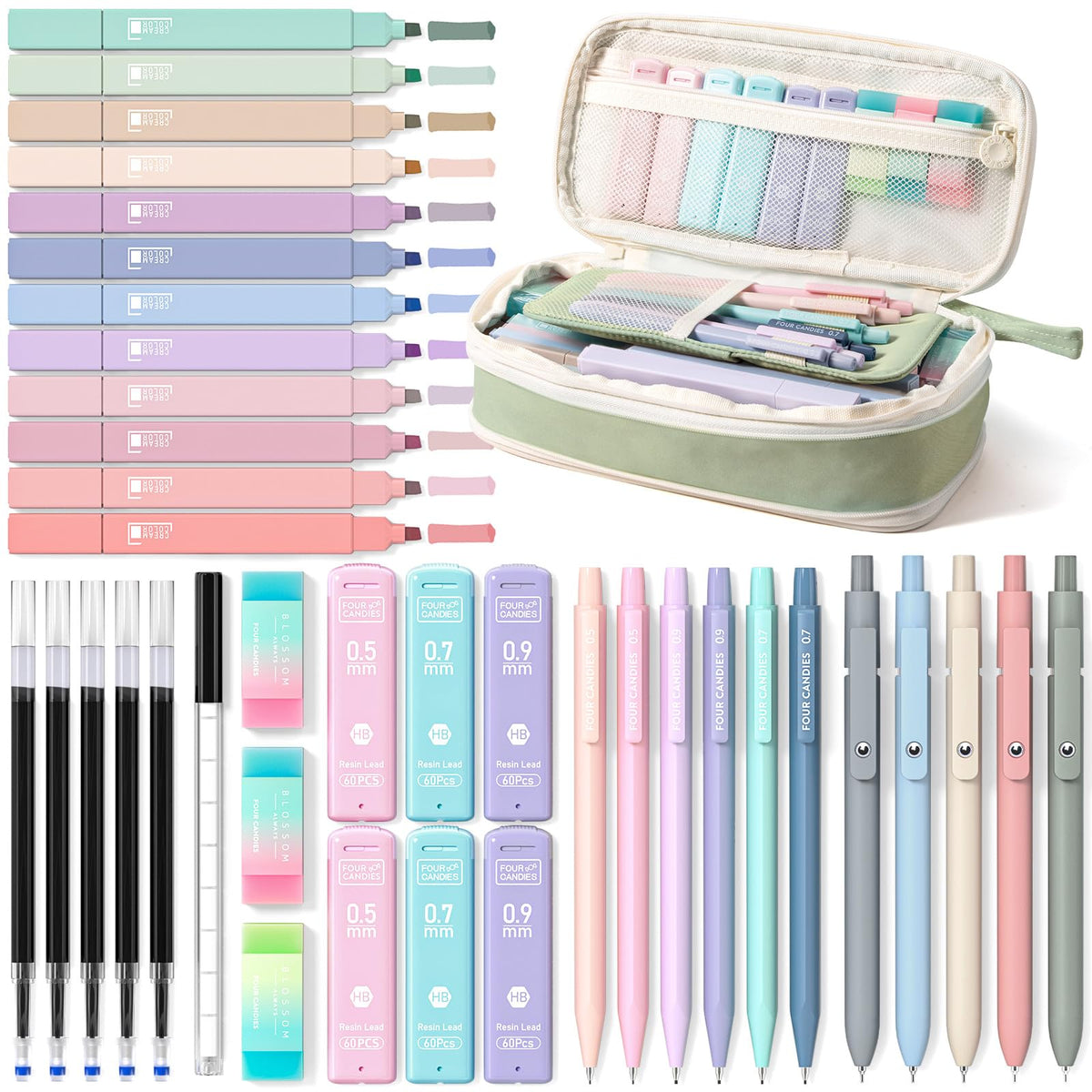 Four Candies School Supplies with Cute Pencil Case, 39ct, Pink