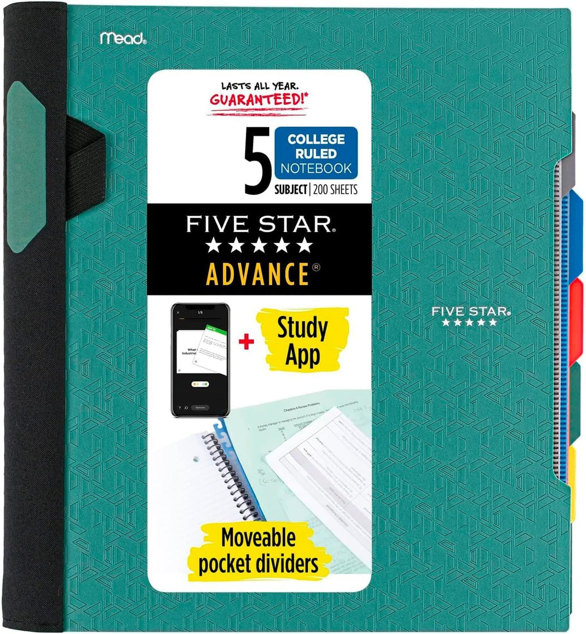 Five Star Advance Spiral Notebook + Study App, 5 Subject, College Ruled Paper, 8-1/2" x 11", 200 Sheets, Spiral Guard, Movable Tabbed Dividers, Pacific Blue (73150)