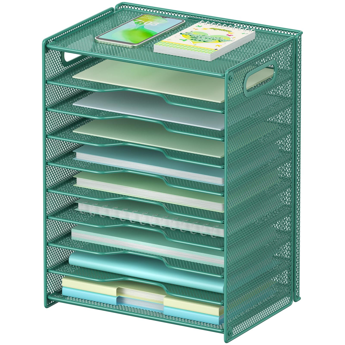OUTWOLF 10 Tier Paper Organizer - Letter Tray Mesh Desk File Organizer with Handles for Office School Desktop, Black