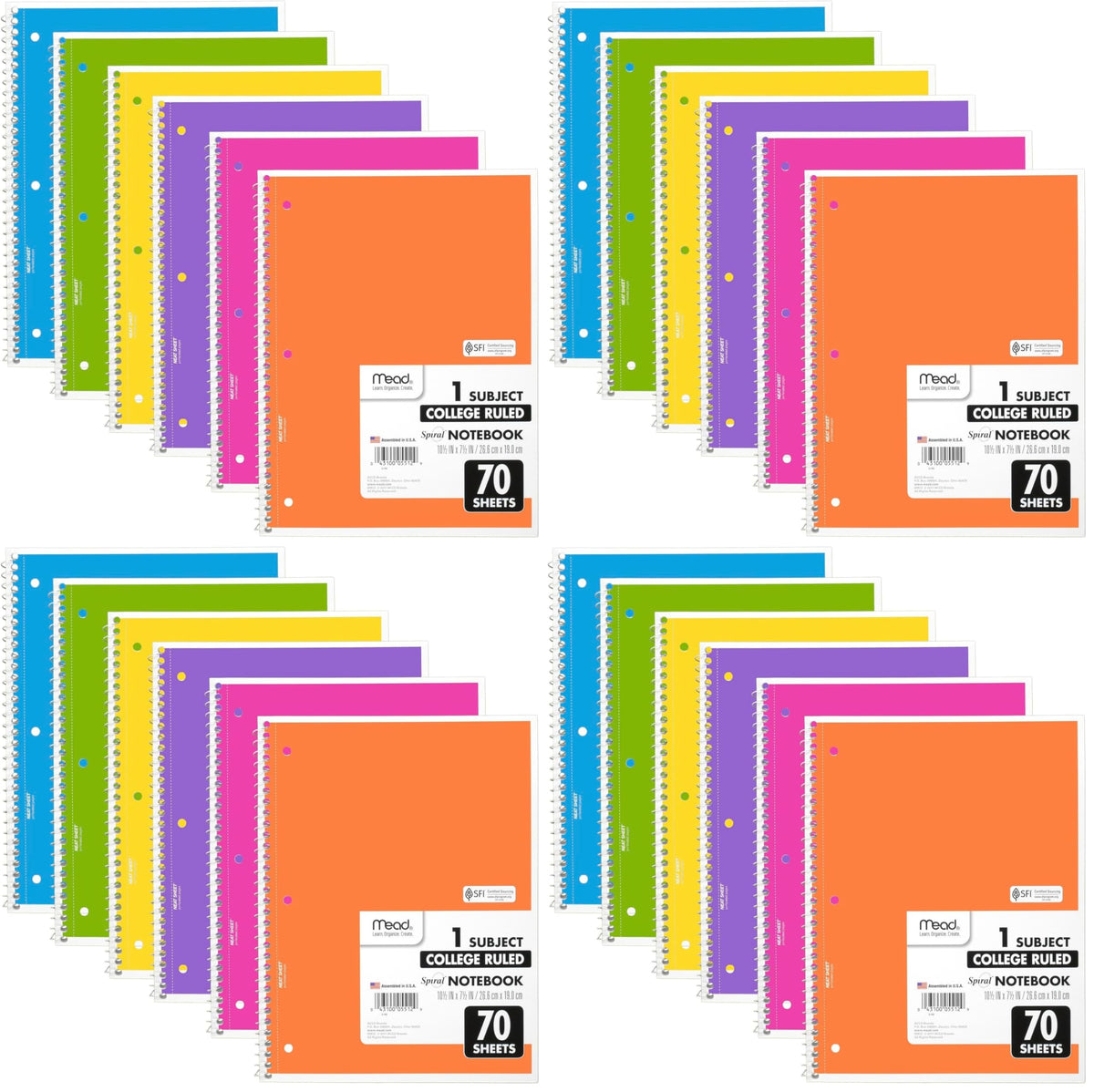 Mead Spiral Notebook, 6 Pack, 1 Subject, College Ruled Paper, 7-1/2" x 10-1/2", 70 Sheets per Notebook, Assorted Bright Colors (830050-ECM)