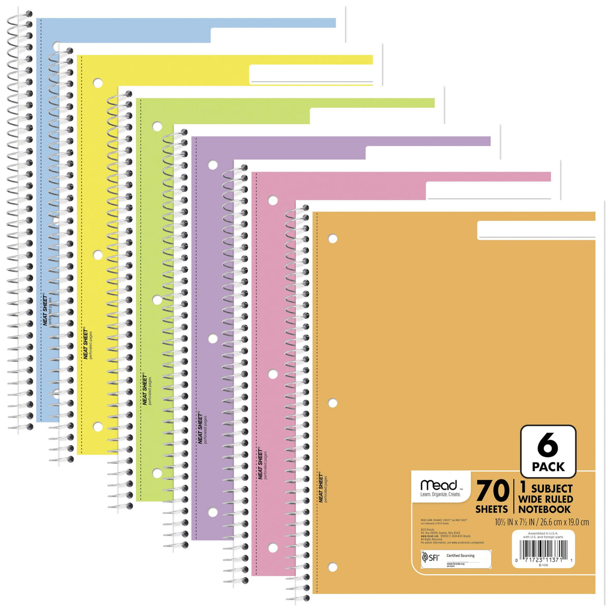 Mead Spiral Notebook, 6 Pack, 1 Subject, College Ruled Paper, 7-1/2" x 10-1/2", 70 Sheets per Notebook, Assorted Bright Colors (830050-ECM)