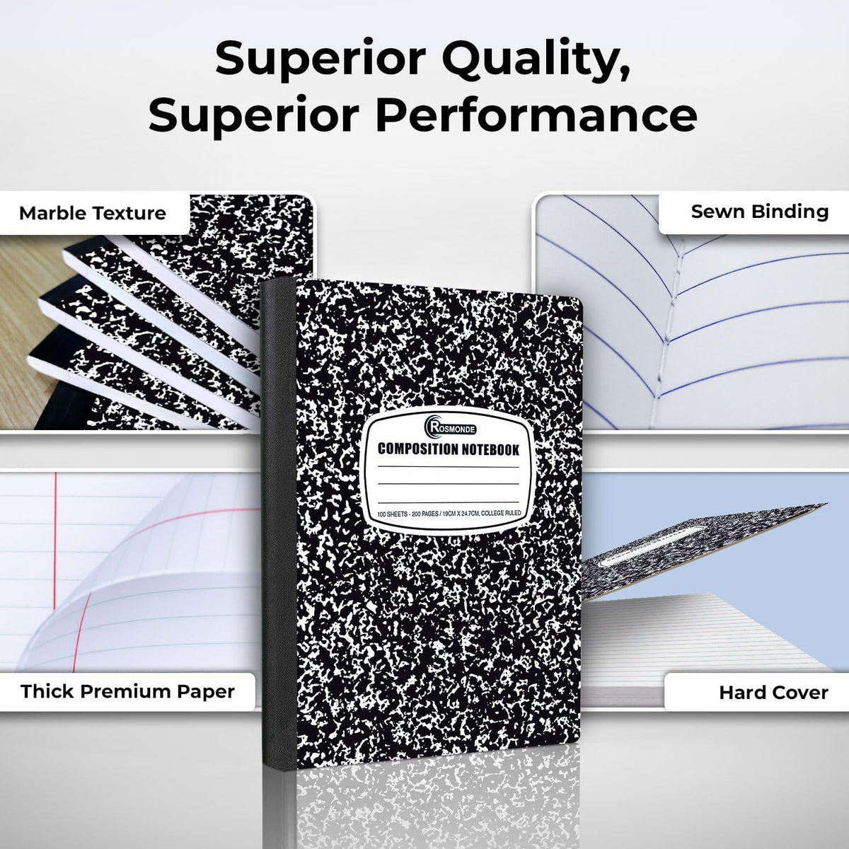 Rosmonde 5 Pack College Ruled Composition Notebooks, Black Marble Notebook