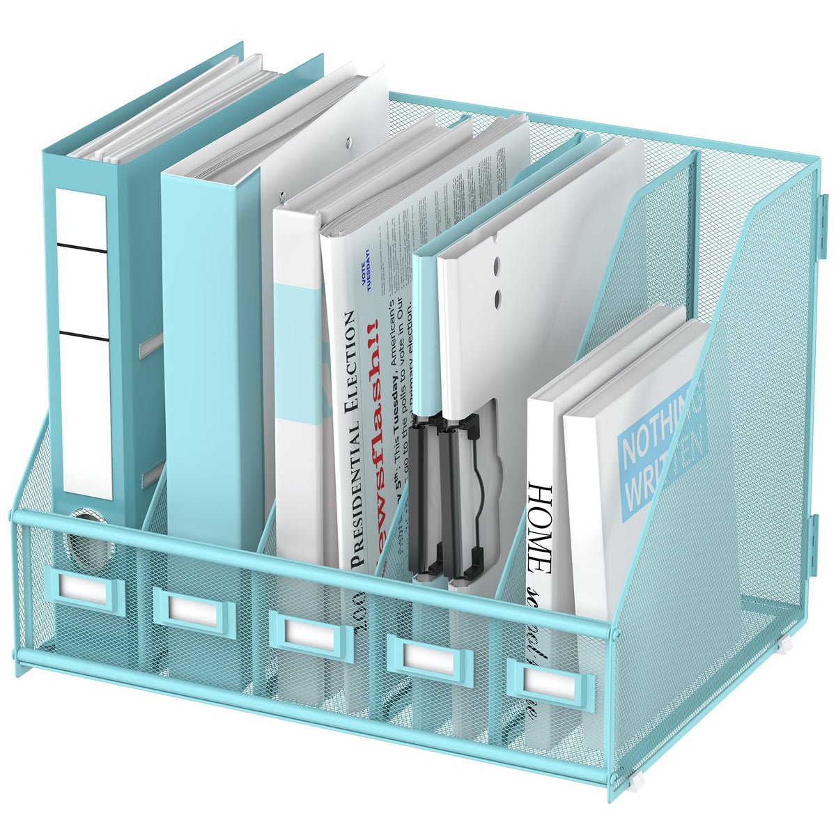 SUPEASY Desk Organizers Metal Desk Magazine File Holder with 5 Vertical Compartments Rack File Organizer for Office Desktop, Classroom, Home Workspace, Black