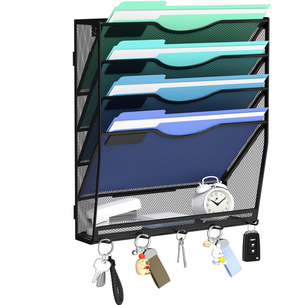Gawerk Hanging Wall File Organizer with 5 Hooks - Wall Mounted Mail Paper Document Folder Holder, Sturdy Mesh Magazine Rack for Office Home (5 Tier)