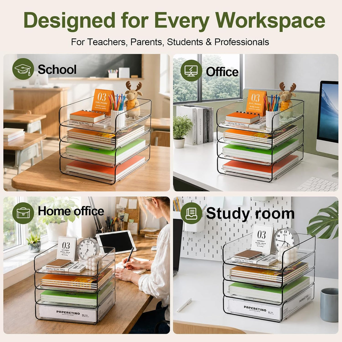 FANXIYQ 4-Tier Acrylic Paper Tray Organizer, Clear Stackable Desk File Organizer for Documents, Files, Letters, A4 Paper, Books, Notes, Mail & Paper Storage, Office Classroom Home