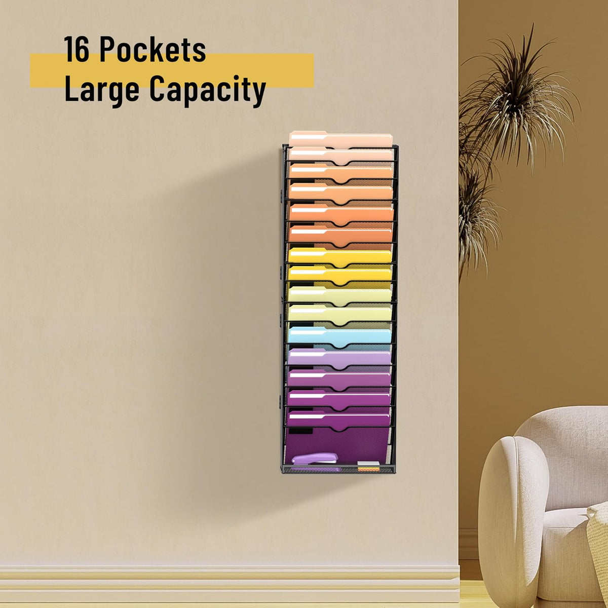 SUPEASY 16-Tier Hanging Wall File Holder Organizer for Papers, Folders, Files Clipboard & Magazine Organization Great for Office Home, Assembly Needed, Black