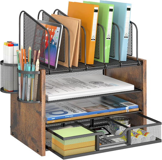 DAOUTIME 4-Tier Mesh Desk Organizer, Wooden Desk File Organizer with 5 Vertical File Holders and 2 Pen Holders, Desktop Organizers and Accessories with Drawer for Home Office