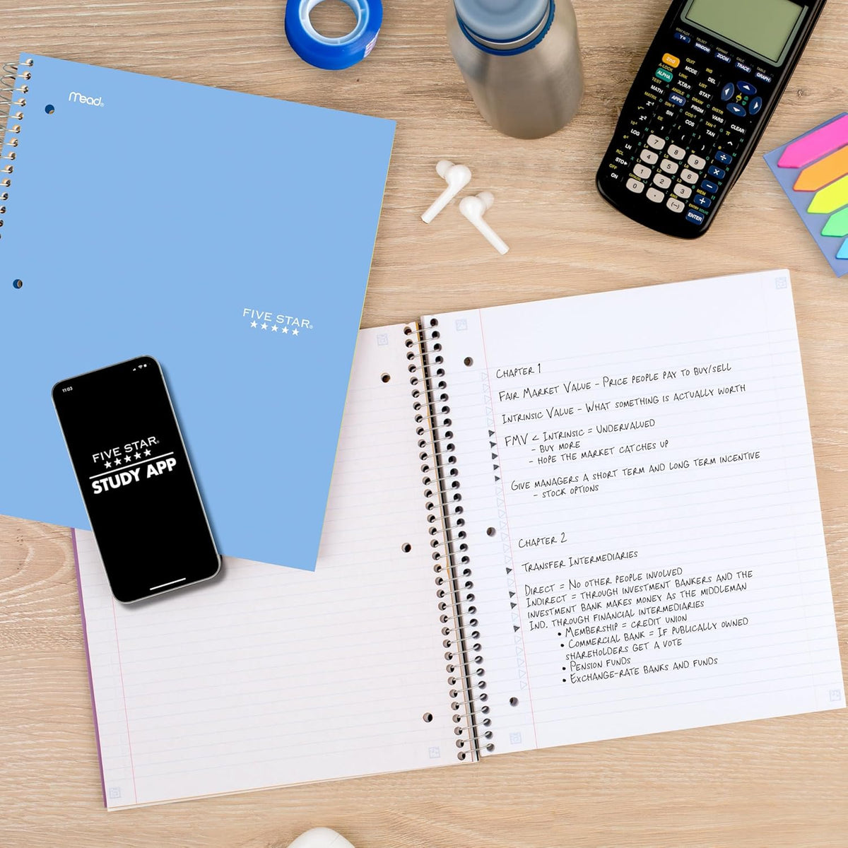 Five Star Spiral Notebook + Study App, 3 Subject, College Ruled Paper, 8.5" x 11", 150 Sheets, Blue (Color May Vary) (820003NH0)