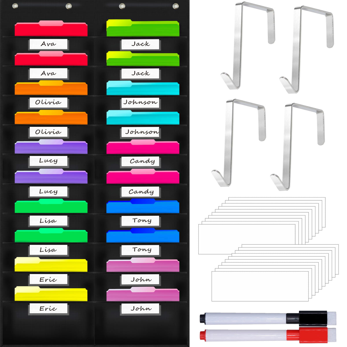 Vantasii Organization Center Pocket Chart, Wall File Organizer Folder with 30 File Pockets, 30 Dry-Erase Cards Plus 5 Over The Door Hooks and 8 Wall Hooks, 47 X 42 inch