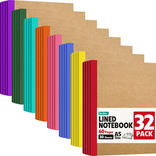 YesBes 32 Pack A5 Kraft Notebooks Bulk, 8.3'' x 5.5'' Lined Journal Notebook with Color Strip, Composition Notebooks Journaling Notebooks for School Office Students Artists, 8 Colors 60 Pages