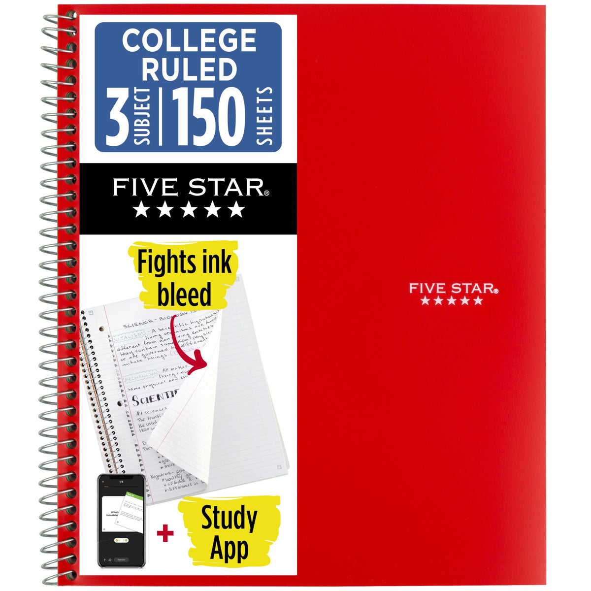 Five Star Spiral Notebook + Study App, 3 Subject, College Ruled Paper, 8.5" x 11", 150 Sheets, Blue (Color May Vary) (820003NH0)