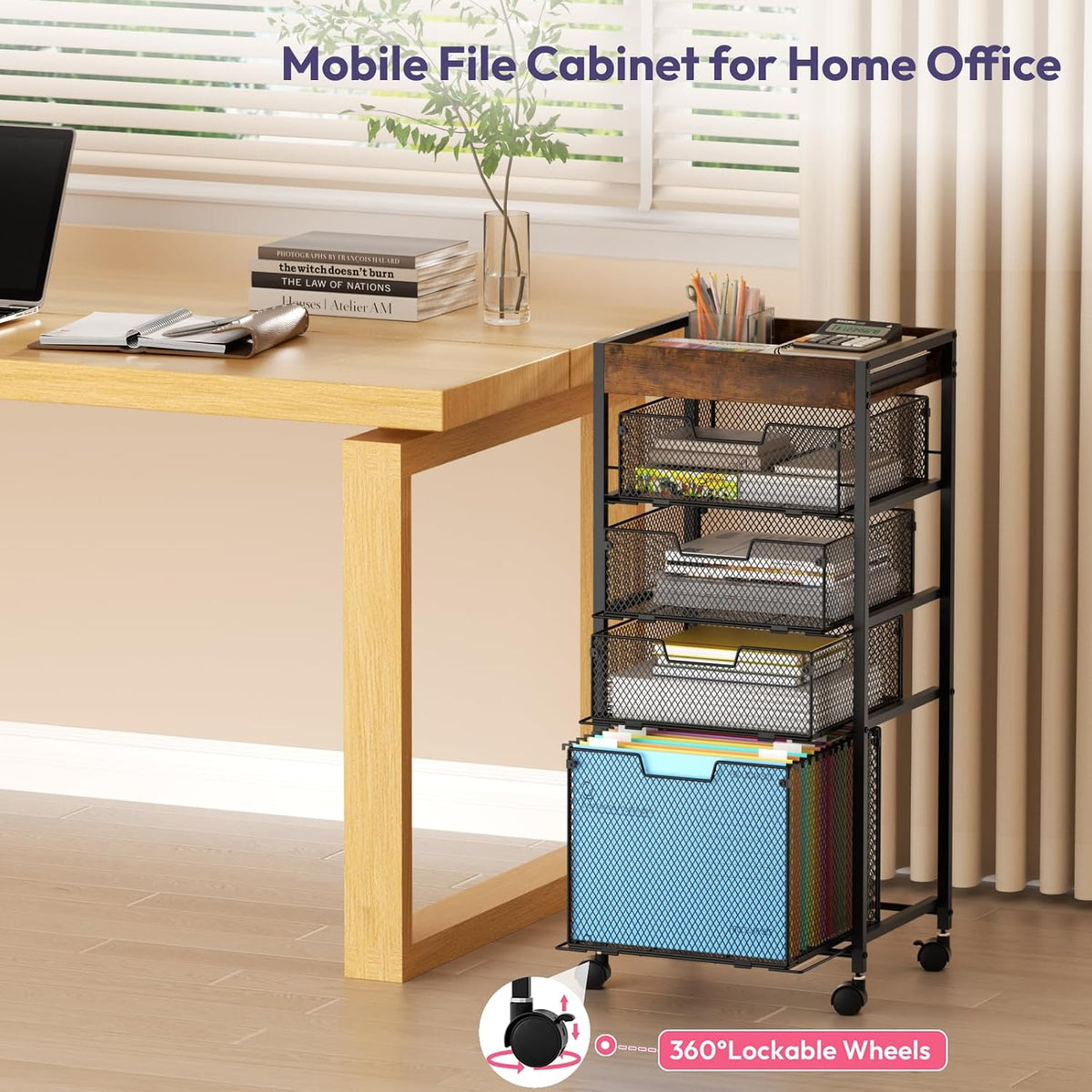 SWTYMIKI Rolling File Cart with Drawers - 5 Tier Art Craft Rolling Organizer Cart - Office Storage &Organization, Mobile Metal File Cabinet for Office and Home Espresso