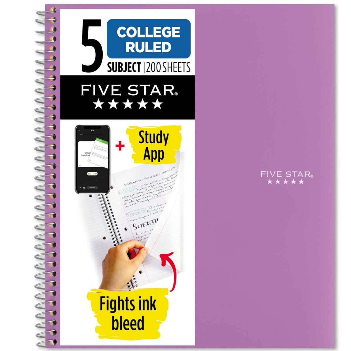 Five Star Spiral Notebook + Study App, 5 Subject, College Ruled Paper, 8-1/2" x 11", 200 Sheets, Fights Ink Bleed, Water Resistant Cover, Black (72081)