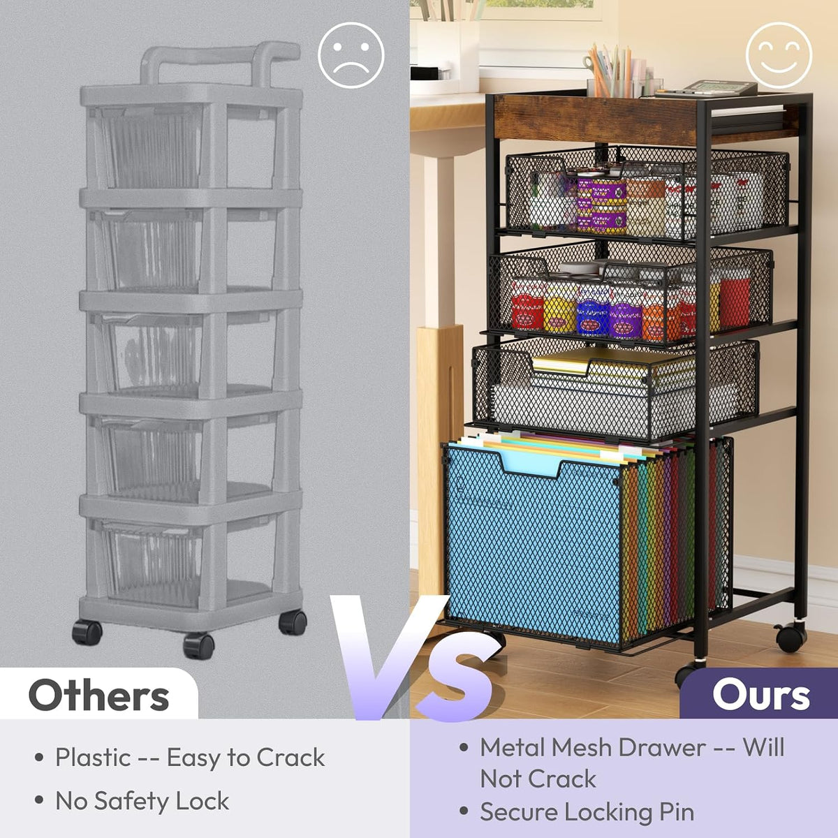 SWTYMIKI Rolling File Cart with Drawers - 5 Tier Art Craft Rolling Organizer Cart - Office Storage &Organization, Mobile Metal File Cabinet for Office and Home Espresso