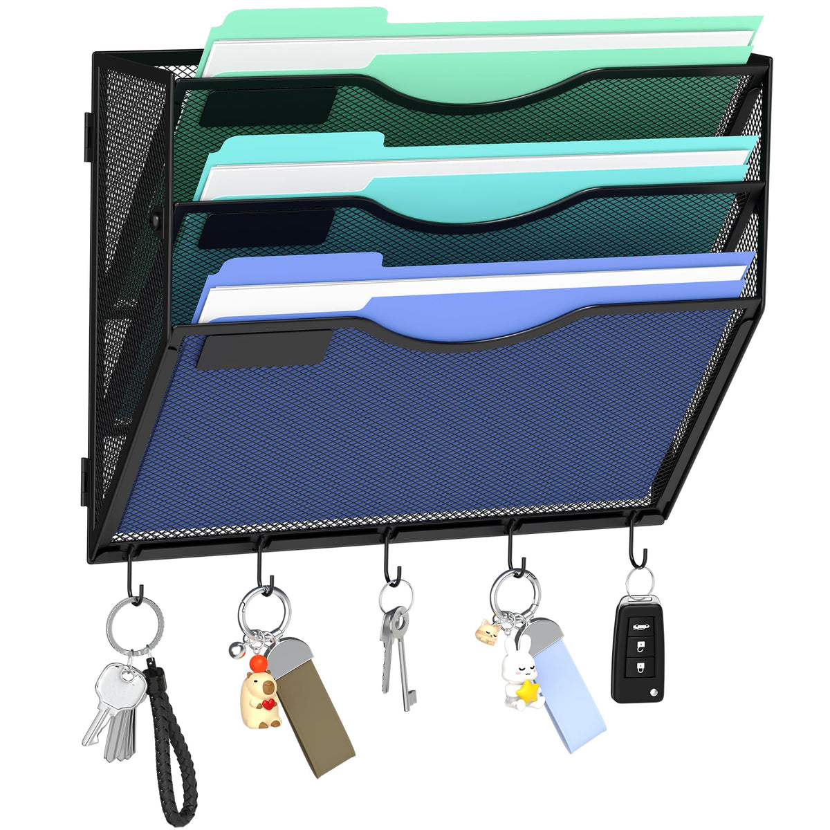 Gawerk Hanging Wall File Organizer with 5 Hooks - Wall Mounted Mail Paper Document Folder Holder, Sturdy Mesh Magazine Rack for Office Home (5 Tier)