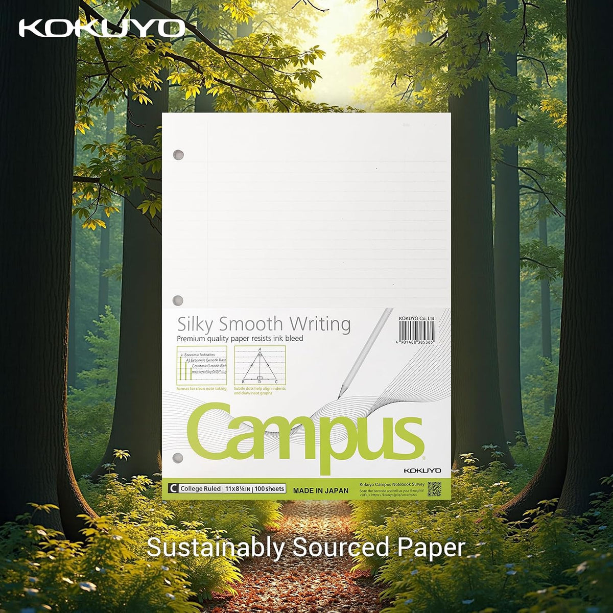 Kokuyo 3 Hole Loose Leaf Paper 8-1/4"x11” College Ruled, 100 Sheets, 5 Pack