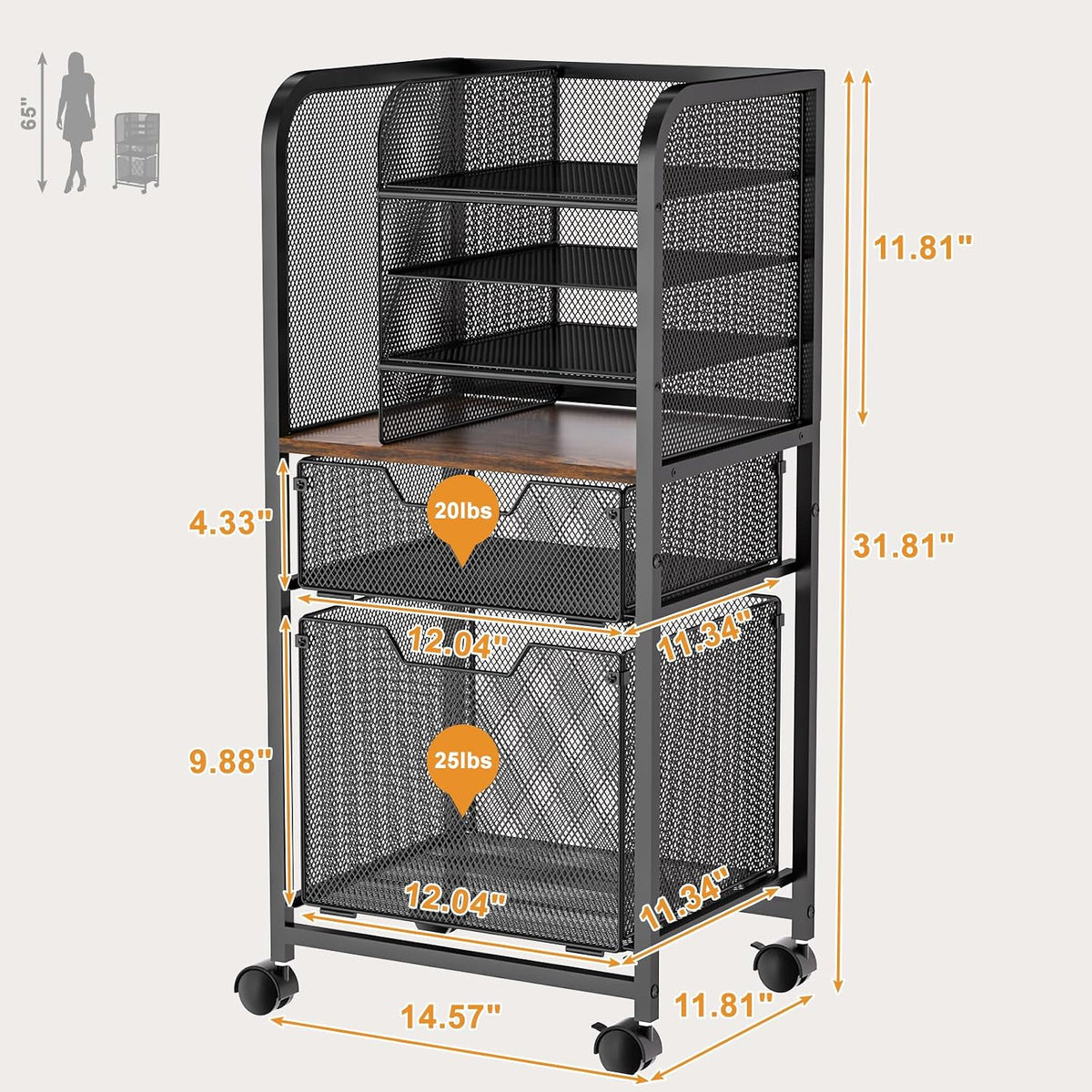 Feyejade 6-Tier Rolling File Cart Multi Mobile Drawer Cabinet Black