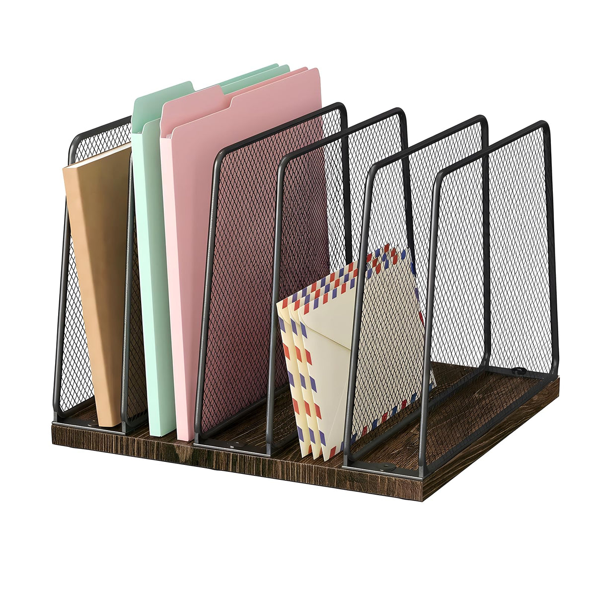 LEKETREE Desk File Organizer, 5-Section Upright File Sorter, Vertical File Folder Holder, Mesh Metal Wood Office Desktop Organization for Document, Magazine, Books and more (Black)